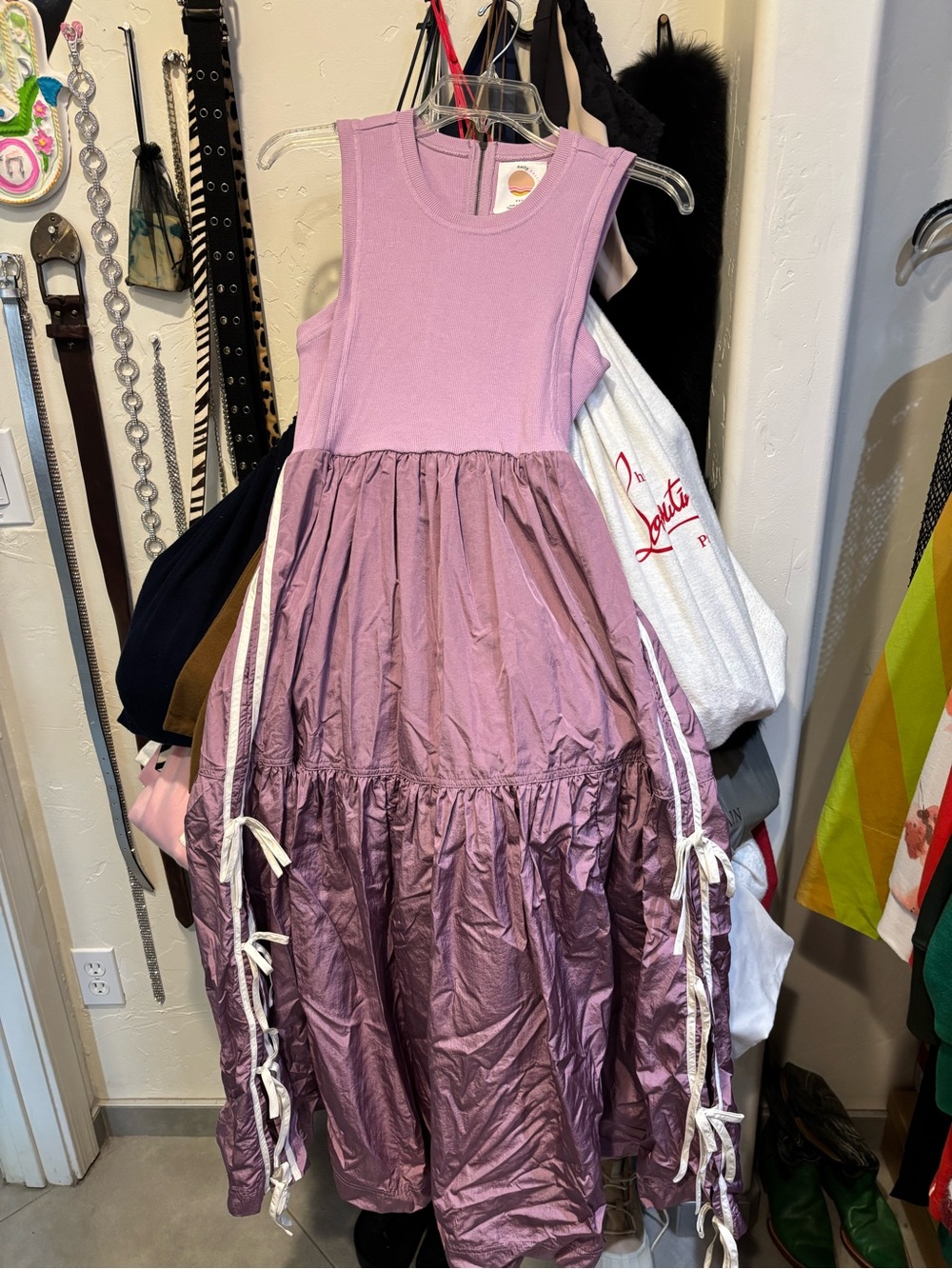 Fun althetic inspired ribbed jersey and taffeta dress with striped ribbon detail